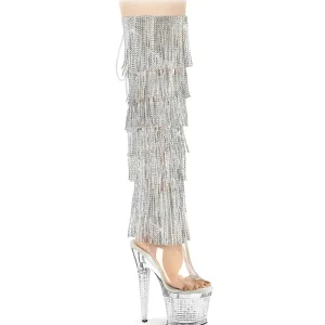 Argent 18 cm disco dance gogo botte overknee plateforme frangees strass