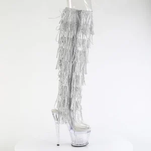 Argent 18 cm disco dance gogo botte overknee plateforme frangees strass
