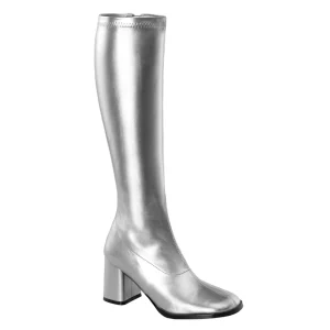 Argentées bottes hautes vinyle - années 70 en - hippie disco gogo botte haute à talon carré 7,5 cm
