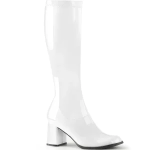 Bottes blanches en cuir verni années 70 - hippie disco gogo botte haute à talon carré 7,5 cm