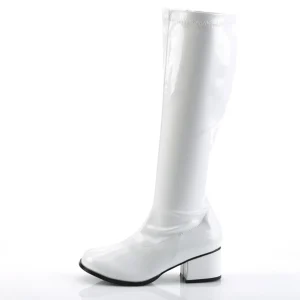 Bottes blanches en cuir verni années 70 - hippie disco gogo botte haute à talon carré 5 cm