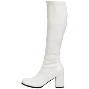 Bottes blanches en cuir verni années 70 - hippie disco gogo botte haute à talon carré 7,5 cm