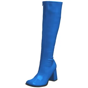 Bottes bleues en cuir verni années 70 - hippie disco gogo botte haute à talon carré 7,5 cm