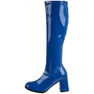 Bottes bleues en cuir verni années 70 - hippie disco gogo botte haute à talon carré 7,5 cm