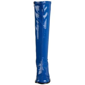 Bottes bleues en cuir verni années 70 - hippie disco gogo botte haute à talon carré 7,5 cm