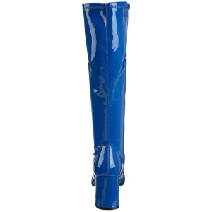 Bottes bleues en cuir verni années 70 - hippie disco gogo botte haute à talon carré 7,5 cm