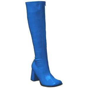 Bottes bleues en cuir verni années 70 - hippie disco gogo botte haute à talon carré 7,5 cm