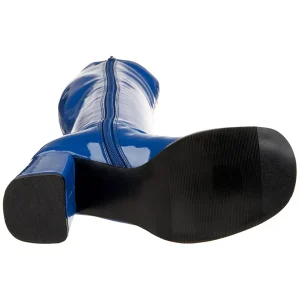Bottes bleues en cuir verni années 70 - hippie disco gogo botte haute à talon carré 7,5 cm