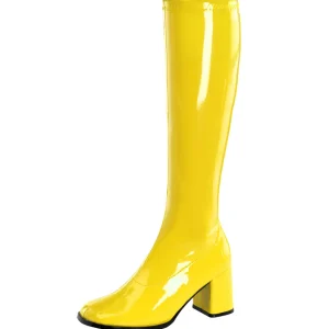 Bottes jaunes en cuir verni années 70 - hippie disco gogo botte haute à talon carré 7,5 cm