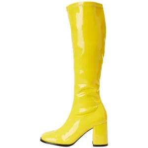 Bottes jaunes en cuir verni années 70 - hippie disco gogo botte haute à talon carré 7,5 cm