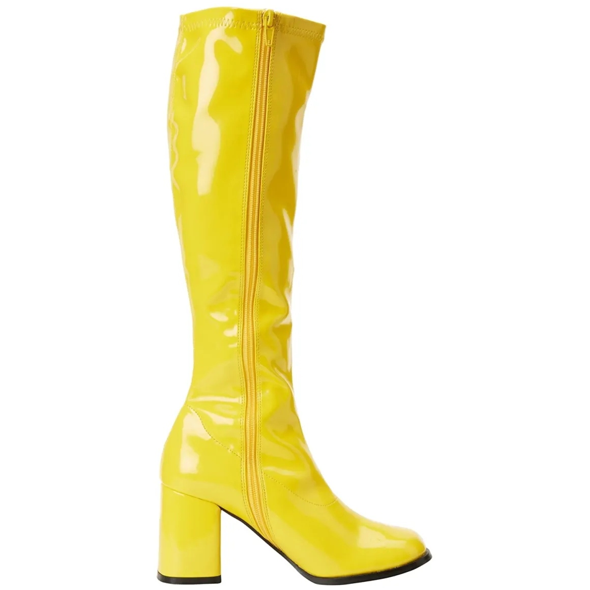 bottes_jaunes_en_cuir_ver_2.webp Bottes jaunes en cuir verni années 70 - hippie disco gogo botte haute à talon carré 7,5 cm