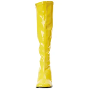 Bottes jaunes en cuir verni années 70 - hippie disco gogo botte haute à talon carré 7,5 cm