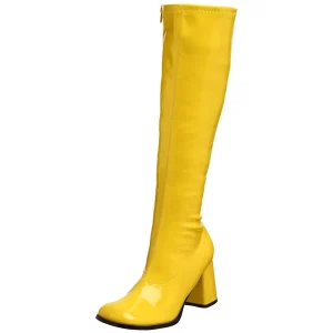 Bottes jaunes en cuir verni années 70 - hippie disco gogo botte haute à talon carré 7,5 cm