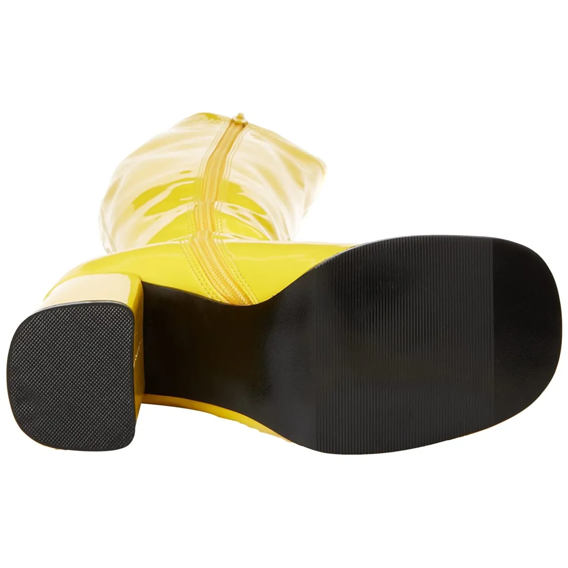 bottes_jaunes_en_cuir_ver_7.webp Bottes jaunes en cuir verni années 70 - hippie disco gogo botte haute à talon carré 7,5 cm