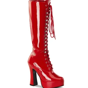 Bottes lacets plateforme rouges verni années 70 - hippie disco gogo botte haute à talon carré 13 cm