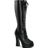 Bottes lacets plateforme noires vinyle années 70 - hippie disco gogo botte haute à talon carré 13 cm