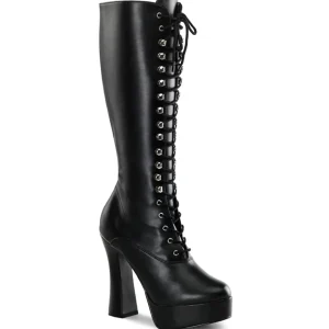 Bottes lacets plateforme noires vinyle années 70 - hippie disco gogo botte haute à talon carré 13 cm