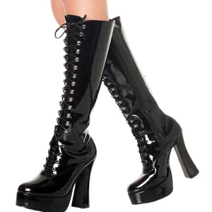 Bottes lacets plateforme noires verni années 70 - hippie disco gogo botte haute à talon carré 13 cm