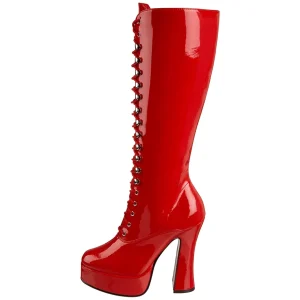 Bottes lacets plateforme rouges verni années 70 - hippie disco gogo botte haute à talon carré 13 cm
