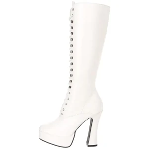 Bottes lacets plateforme blanches vinyle années 70 - hippie disco gogo botte haute à talon carré 13 cm