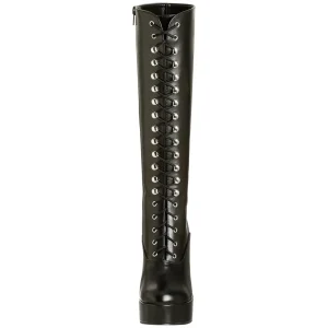 Bottes lacets plateforme noires vinyle années 70 - hippie disco gogo botte haute à talon carré 13 cm
