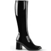 Bottes noires en cuir verni années 70 - hippie disco gogo botte haute à talon carré 7,5 cm