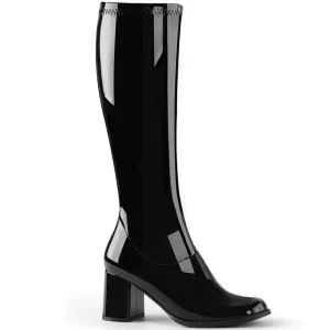 Bottes noires en cuir verni années 70 - hippie disco gogo botte haute à talon carré 7,5 cm