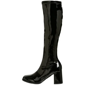Bottes noires en cuir verni années 70 - hippie disco gogo botte haute à talon carré 7,5 cm