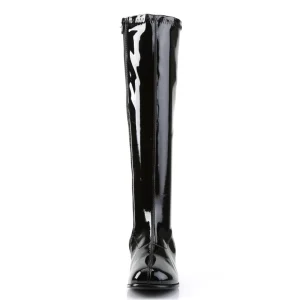 Bottes noires en cuir verni années 70 - hippie disco gogo botte haute à talon carré 5 cm