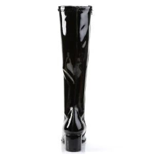 Bottes noires en cuir verni années 70 - hippie disco gogo botte haute à talon carré 5 cm