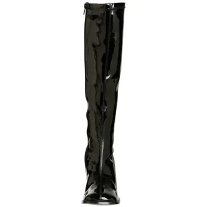 Bottes noires en cuir verni années 70 - hippie disco gogo botte haute à talon carré 7,5 cm