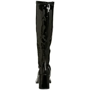 Bottes noires en cuir verni années 70 - hippie disco gogo botte haute à talon carré 7,5 cm