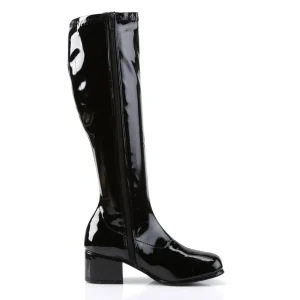 Bottes noires en cuir verni années 70 - hippie disco gogo botte haute à talon carré 5 cm