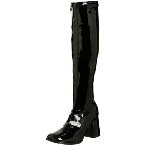 Bottes noires en cuir verni années 70 - hippie disco gogo botte haute à talon carré 7,5 cm