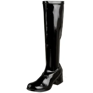 Bottes noires en cuir verni années 70 - hippie disco gogo botte haute à talon carré 5 cm