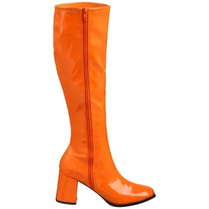 Bottes orange en cuir verni années 70 - hippie disco gogo botte haute à talon carré 7,5 cm