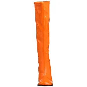 Bottes orange en cuir verni années 70 - hippie disco gogo botte haute à talon carré 7,5 cm