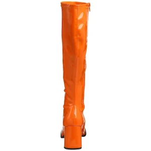 Bottes orange en cuir verni années 70 - hippie disco gogo botte haute à talon carré 7,5 cm
