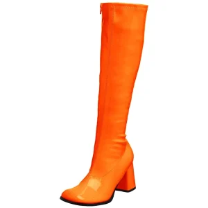 Bottes orange en cuir verni années 70 - hippie disco gogo botte haute à talon carré 7,5 cm