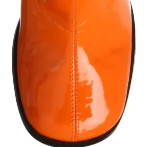 Bottes orange en cuir verni années 70 - hippie disco gogo botte haute à talon carré 7,5 cm