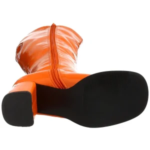Bottes orange en cuir verni années 70 - hippie disco gogo botte haute à talon carré 7,5 cm