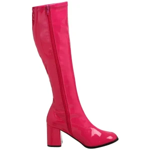 Bottes pink en cuir verni années 70 - hippie disco gogo botte haute à talon carré 7,5 cm