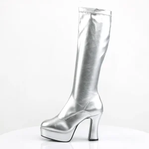 Bottes plateforme argentés verni années 70 - hippie disco botte haute à talon carré 10 cm