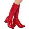 Bottes rouges en cuir verni années 70 - hippie disco gogo botte haute à talon carré 7,5 cm