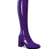Bottes violettes en cuir verni années 70 - hippie disco gogo botte haute à talon carré 7,5 cm