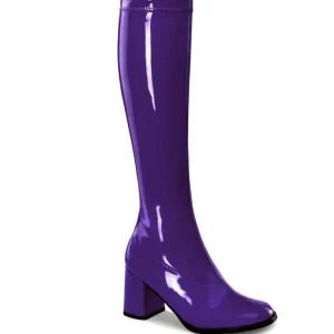 Bottes violettes en cuir verni années 70 - hippie disco gogo botte haute à talon carré 7,5 cm