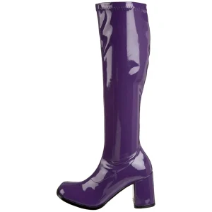 Bottes violettes en cuir verni années 70 - hippie disco gogo botte haute à talon carré 7,5 cm