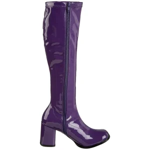Bottes violettes en cuir verni années 70 - hippie disco gogo botte haute à talon carré 7,5 cm