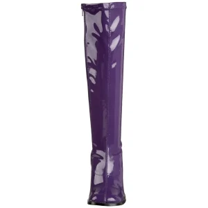 Bottes violettes en cuir verni années 70 - hippie disco gogo botte haute à talon carré 7,5 cm
