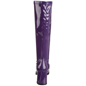 Bottes violettes en cuir verni années 70 - hippie disco gogo botte haute à talon carré 7,5 cm